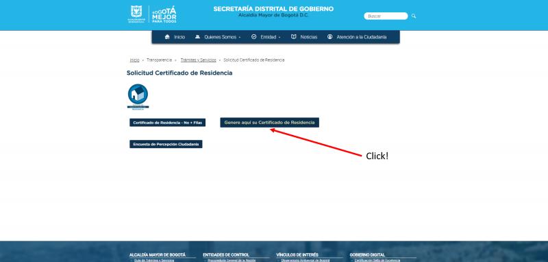 Click en "genere aquí su certificado de residencia"
